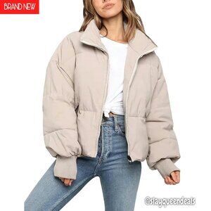 Women's Small Cropped Puffer Jacket Quilted Winter Coat Stand Collar
